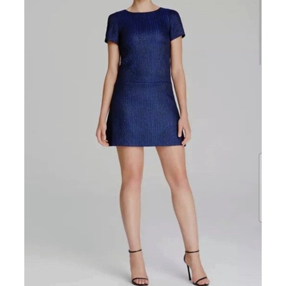 Alice + Olivia Liv Herringbone Jacquard Drop-Waist Dress Blue Black Size 8 Party - Picture 1 of 12